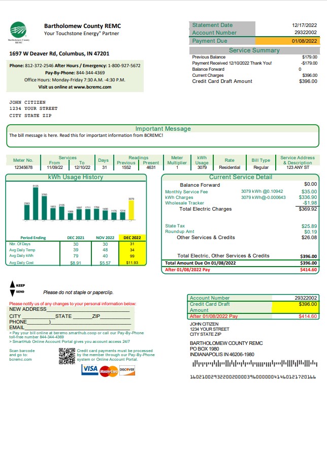USA Indiana Bartholomew County REMC utility bill template in Word and PDF format